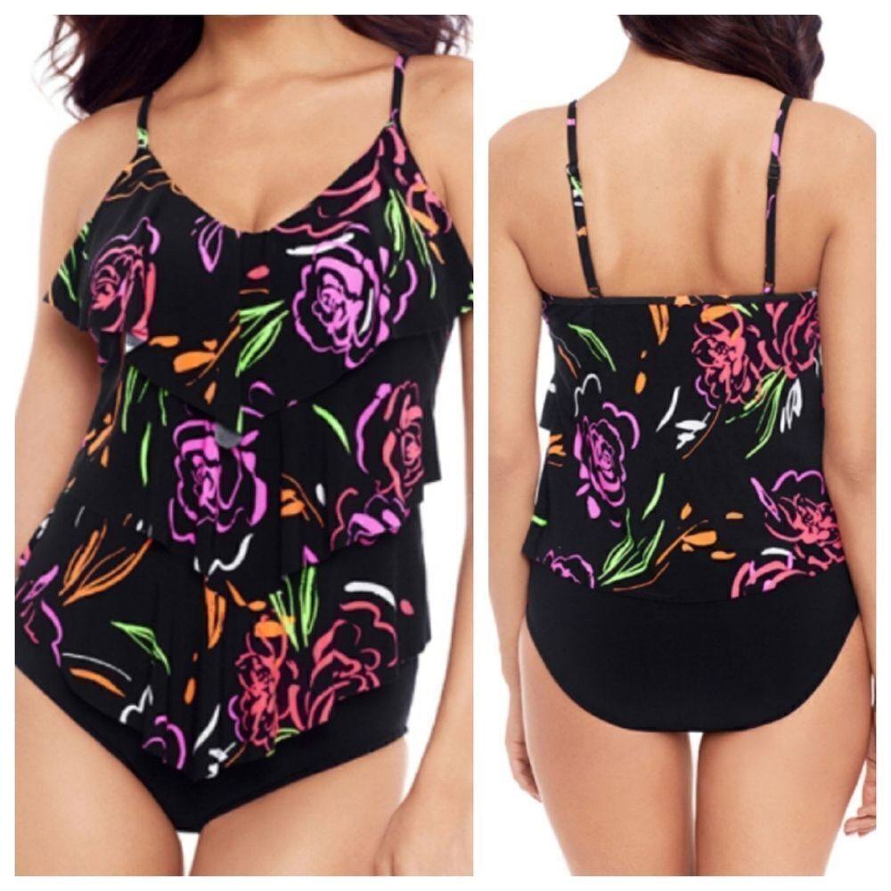 Magicsuit Women's Black Multicolor Neon Nature Rita Tankini Top Size 10